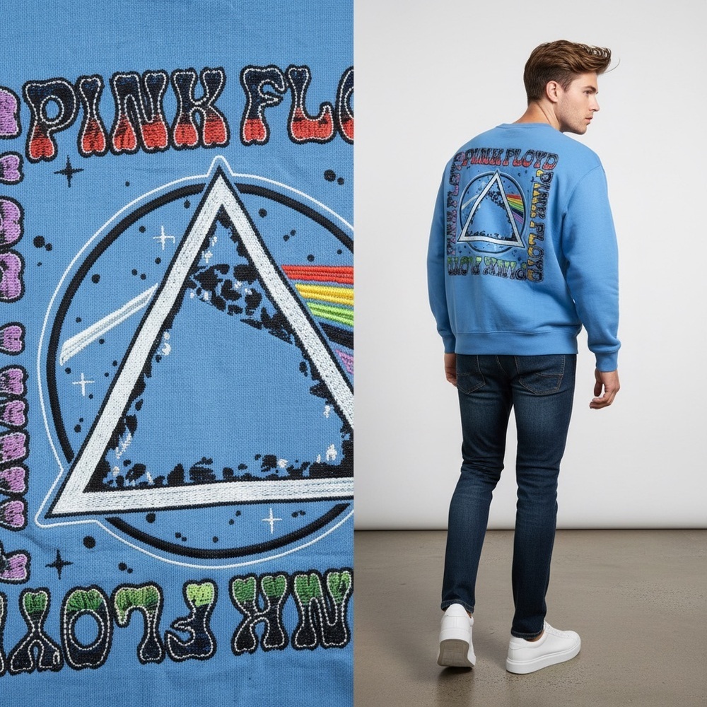 Pink Floyd Cornflower Blue Dark Side Of The Moon Embroidered Sweater Unisex XL